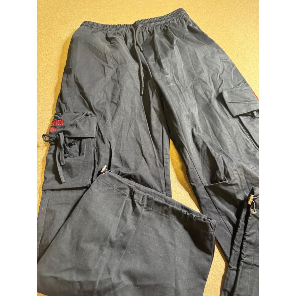 Fendi Roma Black Cotton Cargo Pants Red Logo Embroidered Drawstring Large L $800 - Picture 3 of 10